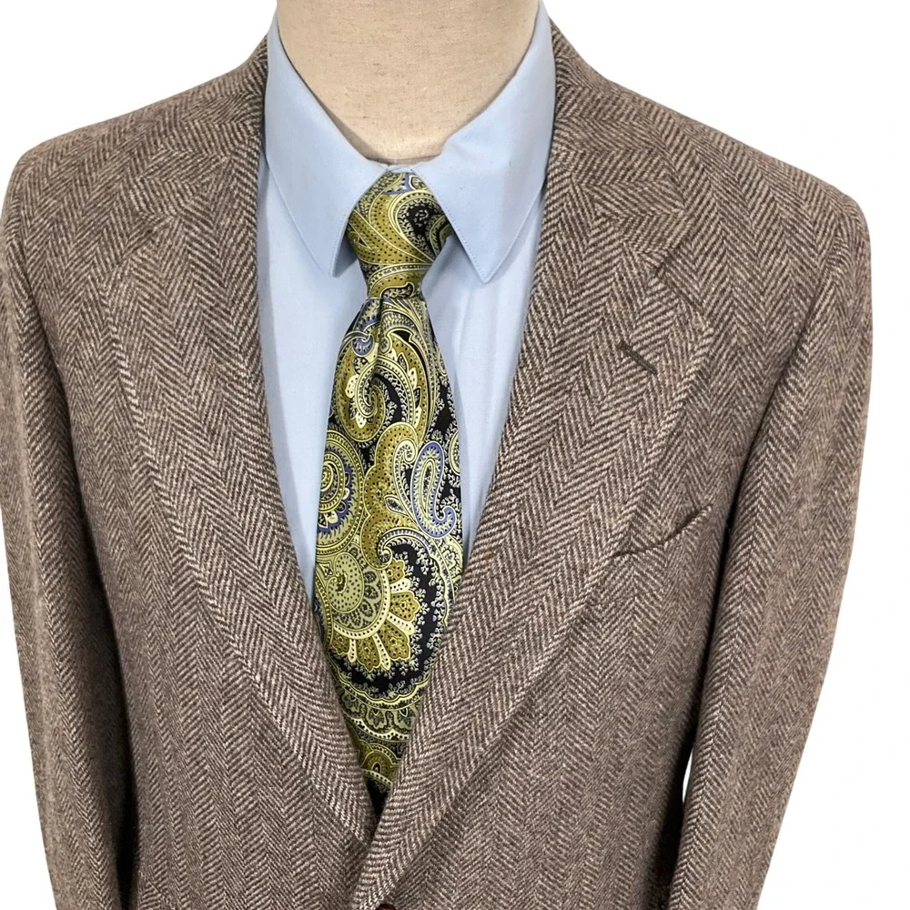 Stanbrooke Shop Blazer Mens 42R Brown Herringbone Leather Buttons Academic Tweed